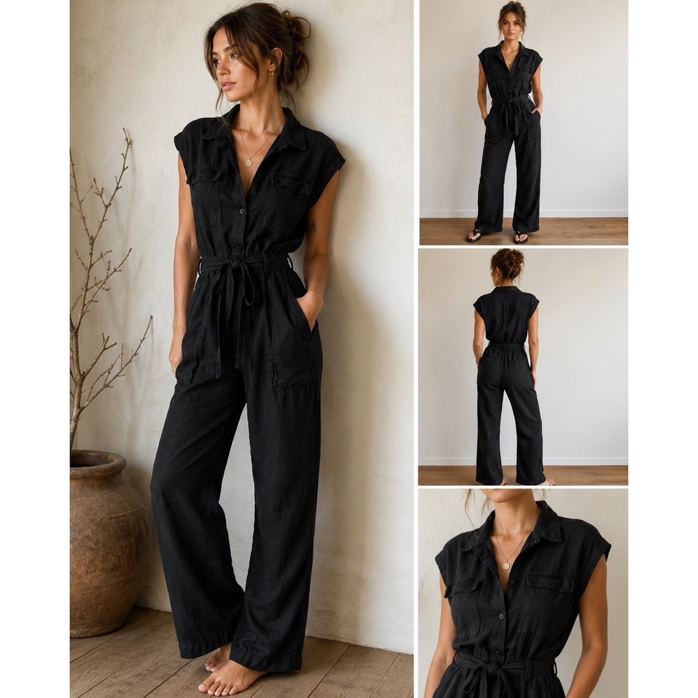 YFB Black Linen Blend Utility Jumpsuit Tie Waist Wide Leg Boho Romper S